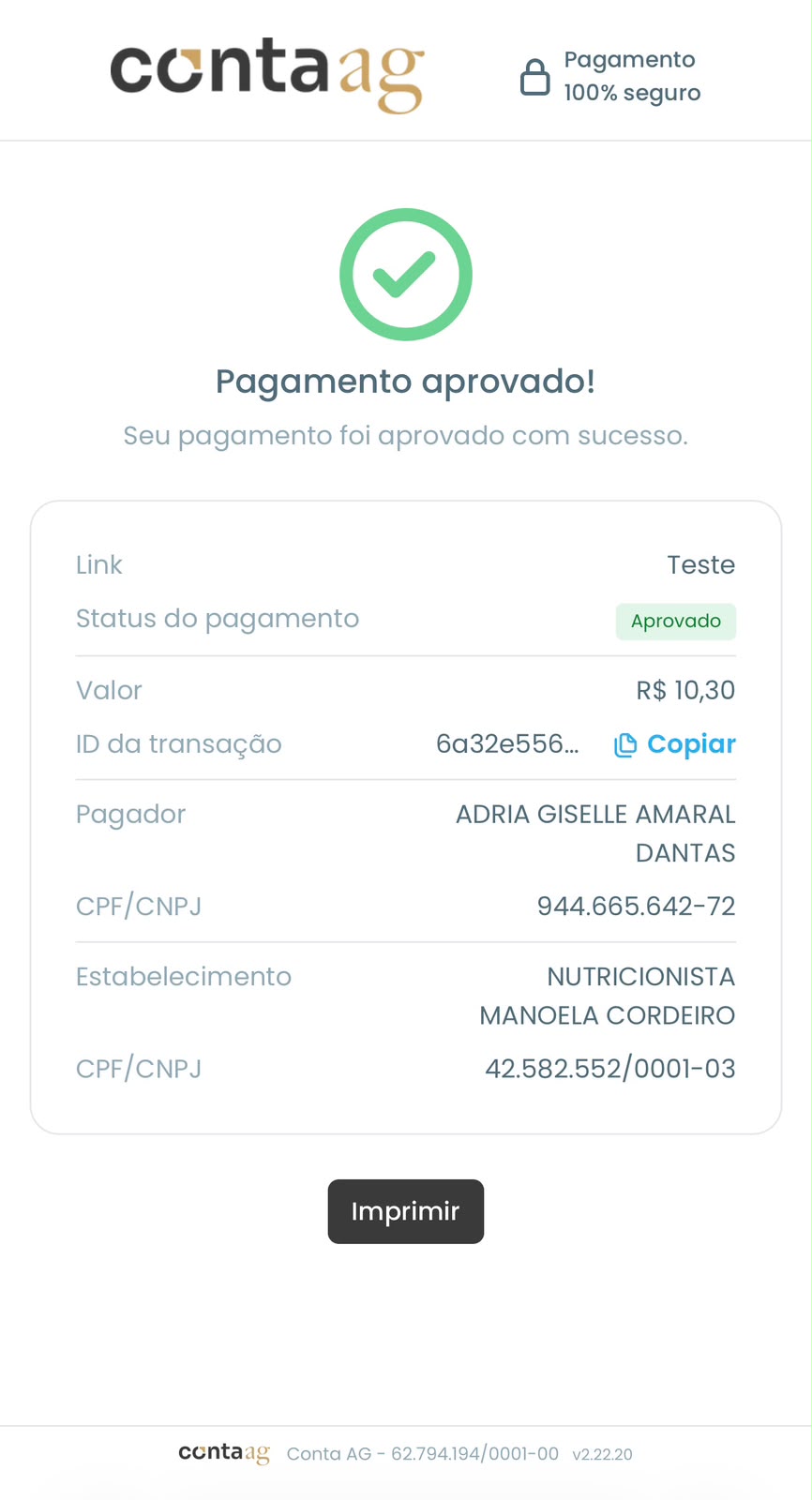 Comprovante de pagamento aprovado na Conta AG